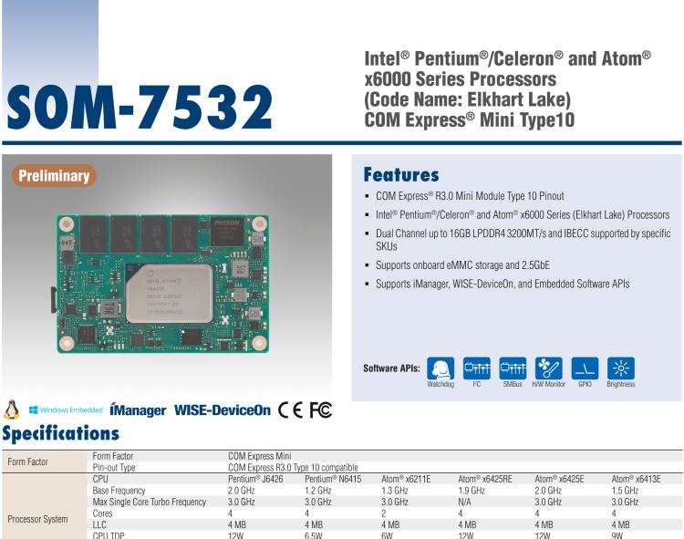 研華SOM-7532 Intel Pentium/Celeron 和 Atom x6000 系列 (Elkhart Lake) 處理器， COM Express Mini Type 10 模塊