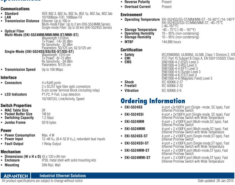研華EKI-5524MMI 2光4電百兆ProView(組態(tài))系列工業(yè)以太網(wǎng)交換機(jī)(包含單模/多模、SC/ST接口)