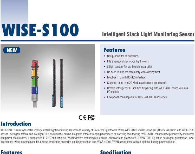 研華WISE-S100 智能堆棧光監(jiān)測傳感器,易于安裝，適用于多種類型堆棧式燈塔