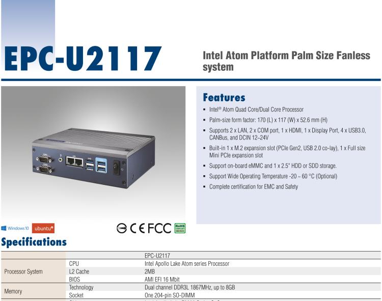 研華EPC-U2117 Intel Atom第六代Apollo Lake無風扇嵌入式工控機，板載eMMC，CANBUS