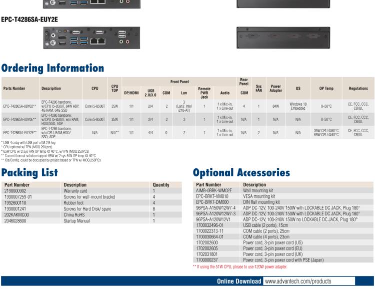 研華EPC-T4286 適配Intel? 第8/9代 Core? i 系列處理器，搭載H310芯片組。1U超薄高度，性能強勁。