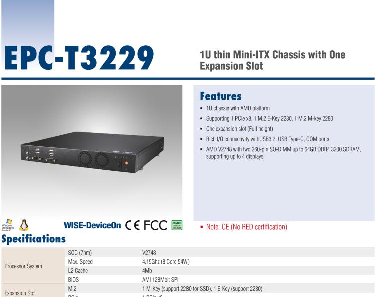研華EPC-T3229 適配AMD V2748 處理器。擁有1個(gè)全高PCIe擴(kuò)展位，1U高度，支持上架。適用于邊緣AI等行業(yè)。