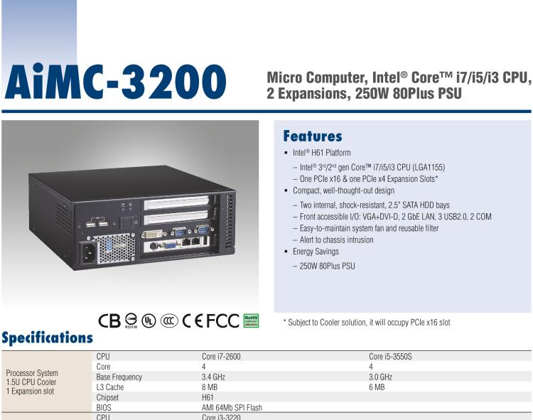 研華AiMC-3200 智能微型工控機(jī)，Intel Core i7/i5/i3 CPU,2 擴(kuò)展槽，250W 80 Plus PSU