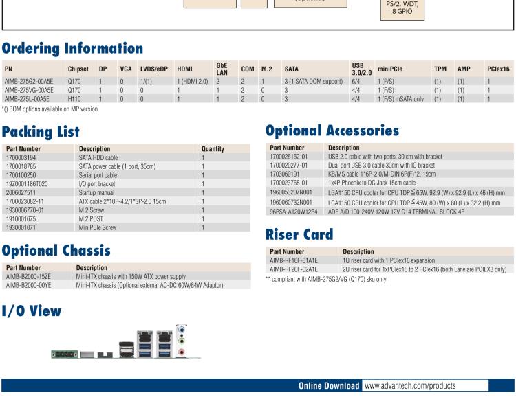 研華AIMB-275 適配Intel? 第6/7代 Core? i 處理器，搭載Intel Q170/H110芯片組。性能強勁，接口豐富。